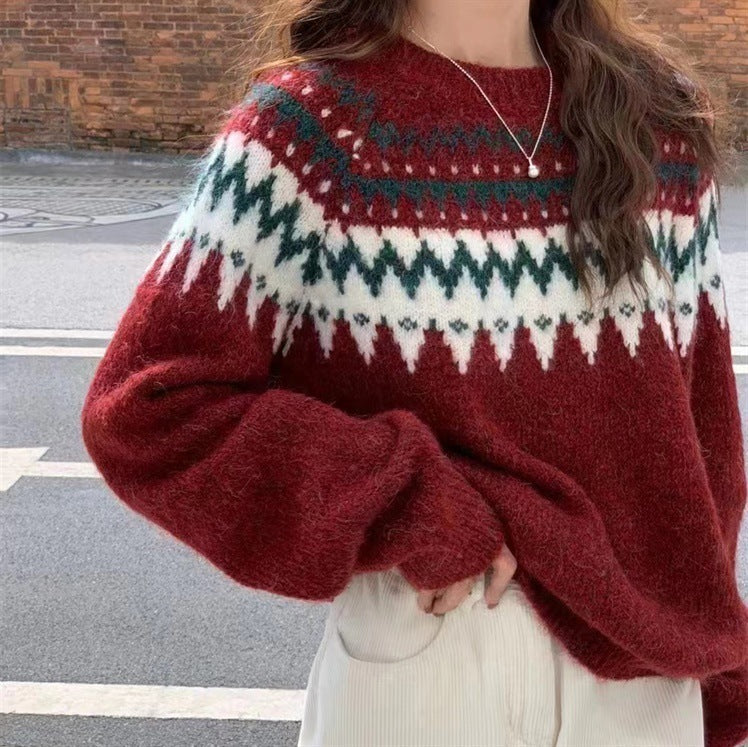 Loose Knitted Round Neck Pullover Red Sweater