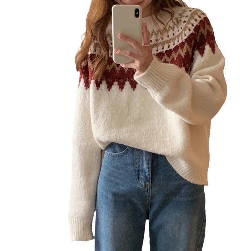 Loose Knitted Round Neck Pullover Red Sweater